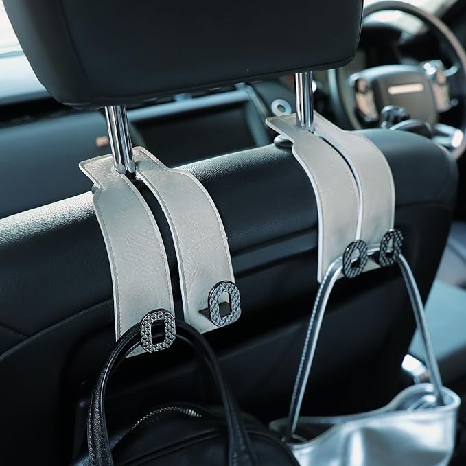 Car Headrest Hooks Universal Car Purse Hook Premium Leather and Alloy Twin Hook Car Seat Back Storage Hanger Hook for Purse Bags Cloth Drink Durable Holder Car Accessories (BH09-White-Black)