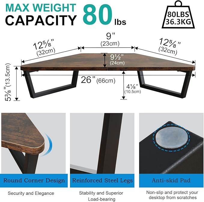 TEAMIX 26 inch Triangle Monitor Stand Riser, Desktop Corner Shelf with Metal Leg Wood Computer Stand with Storage Laptop Riser Office Organization