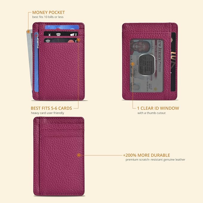 Oak Leathers Leather Slim Minimalist Wallet for Men & Women RFID Front Pocket Leather Card Holder Wallets (Dark Pink)