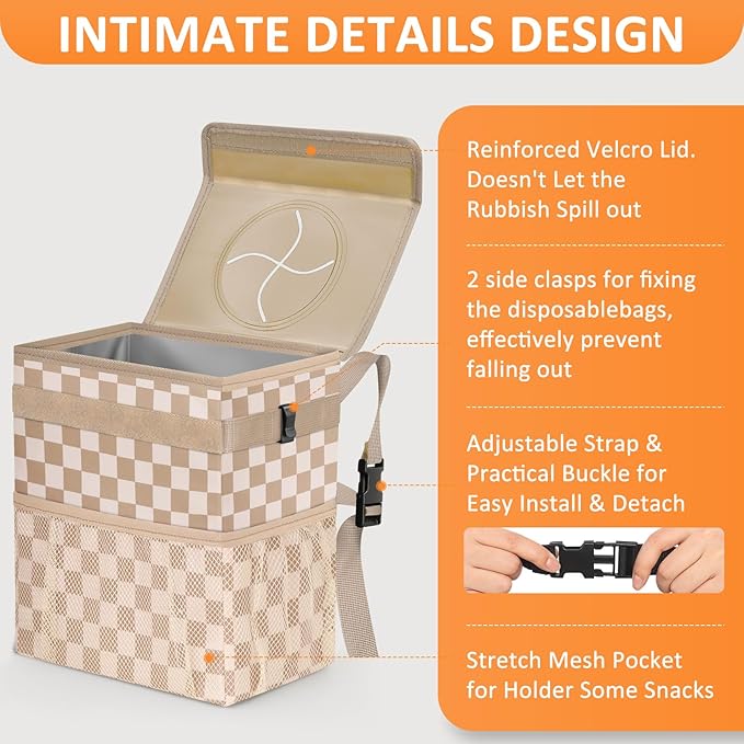 Vankor Car Trash Can Bin with Lid Hanging for Back Seat, Car Accessories for Women Men Leak Proof Automotive Garbage Cans Leakproof Vehicle Trash Can for Truck SUV,Khaki Checkered