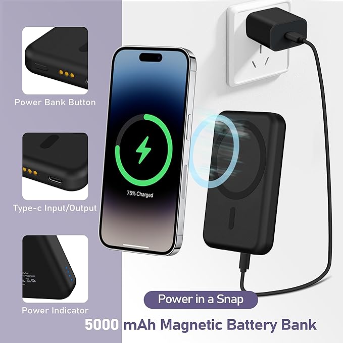 3 in 1 Wireless Charging Station: 5000mAh Removable Power Bank Charger Stand for Phone/Watch/Air Pods - Portable Magnetic Battery Pack for Air 17 16 15 14 13 12 Series