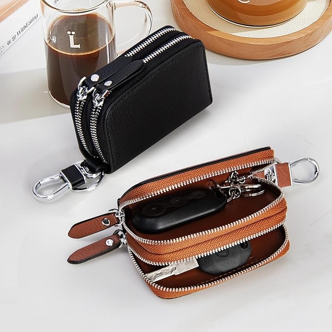 2 Pack Double Zipper Car Key Case, Retro Leather Car Key Fob Holder, Women Key Organizer with Metal Hook Keyring, Mens Vintage Key Coin Bag Black Brown