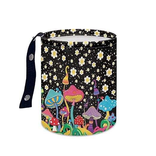 Mushroom Daisy Trash Can Leak Proof Waste Basket Container Bag Bin Hanging Cup Holder Organizer with Strap Mini Car Interior Accessories for Auto, Camping, Travelling