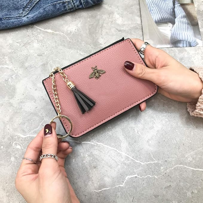 Coin Purse Change Wallet Pouch Leather Card Holder with Key Chain Tassel Zip(Pink)