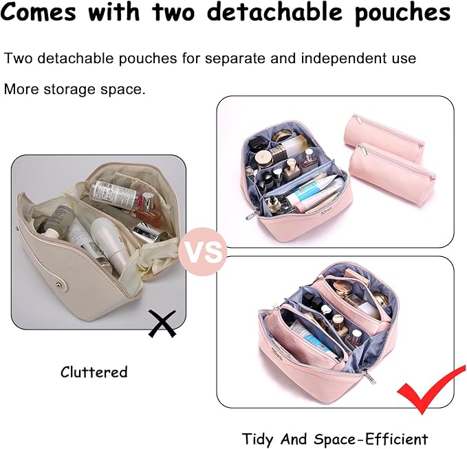 BOYATU Travel Makeup Bag for Women: Cosmetic Organizer Bag with Compartments - Leather Make up Bags Set of 3 (G-3-Pink)