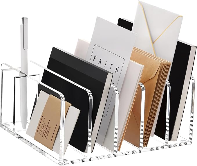 SANRUI Acrylic Mail Organizer, 5 Compartments File Holder for Desk, Letter Sorter with Pen Holder, Clear Countertop Document Sorter for Notebooks, Bills & Eyeshadow Palettes