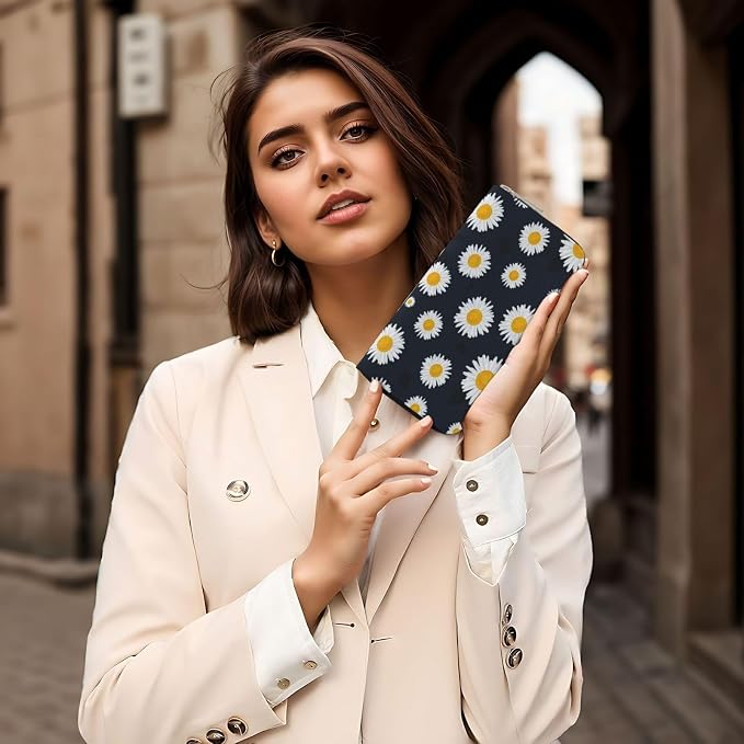 Sunflower Daisy Floral Wallet for Men Women Elegant Long Clutch Zip Around Travel Leather Coin Purse Large Capacity Credit Card Holder Handbag