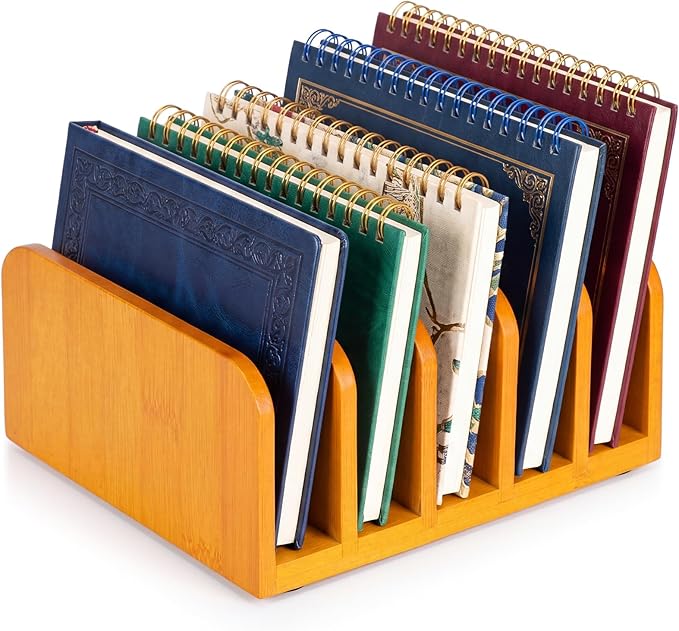 Lineshading Bamboo Letter Organizer, 5 Compartments Desk Mail Organizer, Desktop Envelope Holder and Letter Sorter, Countertop Paper File Holders with Anti Slip Mat for Home Office(Yellow)