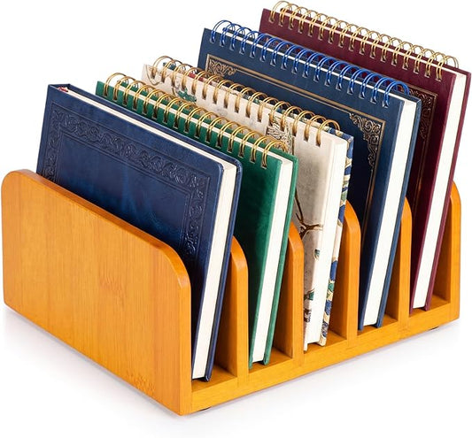 Lineshading Bamboo Letter Organizer, 5 Compartments Desk Mail Organizer, Desktop Envelope Holder and Letter Sorter, Countertop Paper File Holders with Anti Slip Mat for Home Office(Yellow)