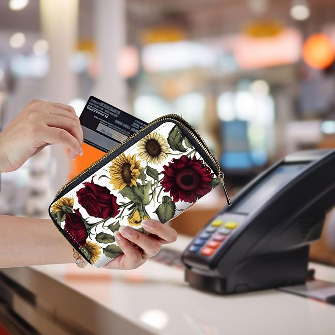 Wallet,Leather Long Wallet Suitable For Ladies And Teenagers - Detachable Wristband + RFID Travel Wallet With Card Slot - Roses Sunflower