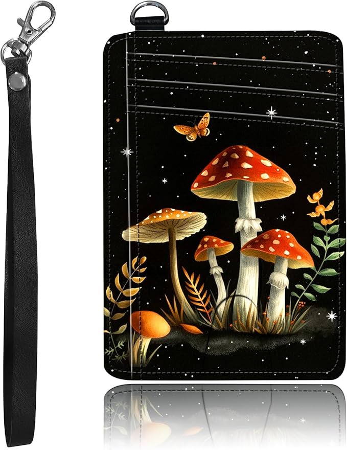 Slim Minimalist Front Pocket Wallet,Credit Card Holder Wallet for Women Men,RFID Blocking Credit Card Holder Case Leather Cute Small Thin Wallet ID Window&Wrist Strap,Red Mushroom Butterfly