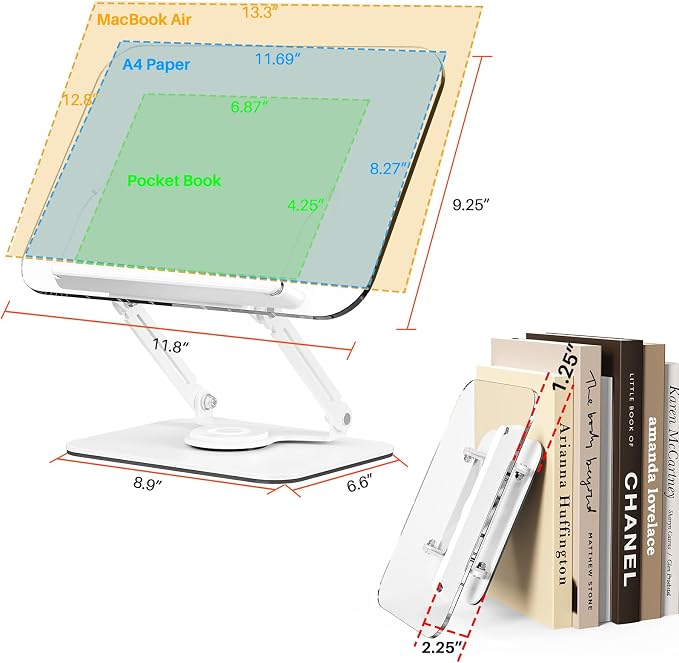 Acrylic Book Stand for Reading, Adjustable Book Holder with 360° Rotating Base & Elastic Page Clips, Foldable Desktop Riser Stand for Cookbook,Laptop,Tablet,Music Scores,Recipe,Textbook (White, 11.8")