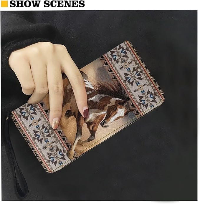 Bulopur Navajo Aztec Horse Wristlet Wallet for Women Zip Around Wristlet Purse PU Leather Waterproof Minimalist Wallet Long Handbags Coin Cash Holder Clutch Purse Gifts for Ladies