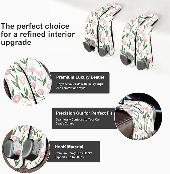 CoBak Purse Hook for Car - Universal Premium Stitched Leather and Aluminum-Magnesium Alloy Double Car Seat Back Storage Hook for Purses, Handbags, Bags (2 Pack),Tulip