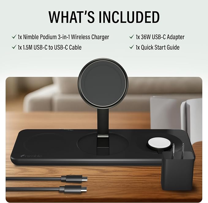 Nimble Podium 3-in-1 Wireless Charging Station for Apple, Qi2-Certified 15W Magsafe Charger Stand, Wireless Charger for iPhone 17 16 15 14 13 - Apple Watch - Airpods Series (Charger & USB-C Included)