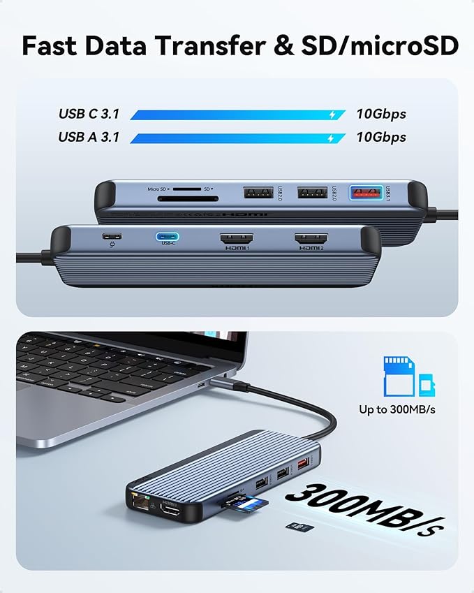 USB C Docking Station 3 HDMI, Selore 12 in 1 Laptop Docking Station 3 Monitors with Triple HDMI,10Gbps USB A/C 3.1,USB 2.0,100W PD Charging, Gigabit Ethernet, Audio Mic,SD/Micro SD Card Slot