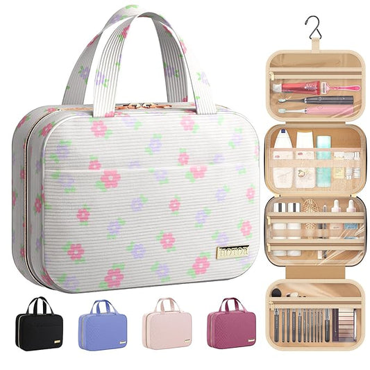 HOTOR Travel Toiletry Bag - Hanging Toiletry Bag for Women & Men, Makeup Bag/Big Comparment, Waterproof for Travel Accessories, Travel Essentials, Medium, Beige with Colorful Floral