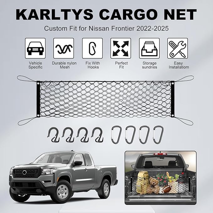 Karltys Truck Bed Cargo Net for Nissan Frontier 2022-2025 2026 Accessories, Envelope Style Pickup Truck Bed Cargo Net, Elastic Heavy Duty Nylon Mesh Storage Netting Organizer