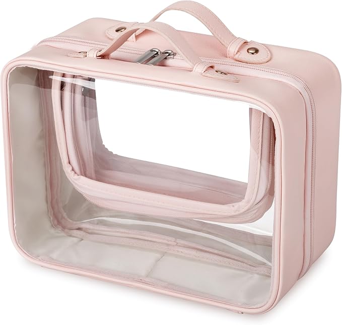 GRANNY SAYS TSA Approved Toiletry Bag, Clear Makeup Bag, Travel Toiletry Bag for Women, Leather Travel Cosmetic Bag, Portable PVC Waterproof Bag, Large Makeup Organizer, Pink