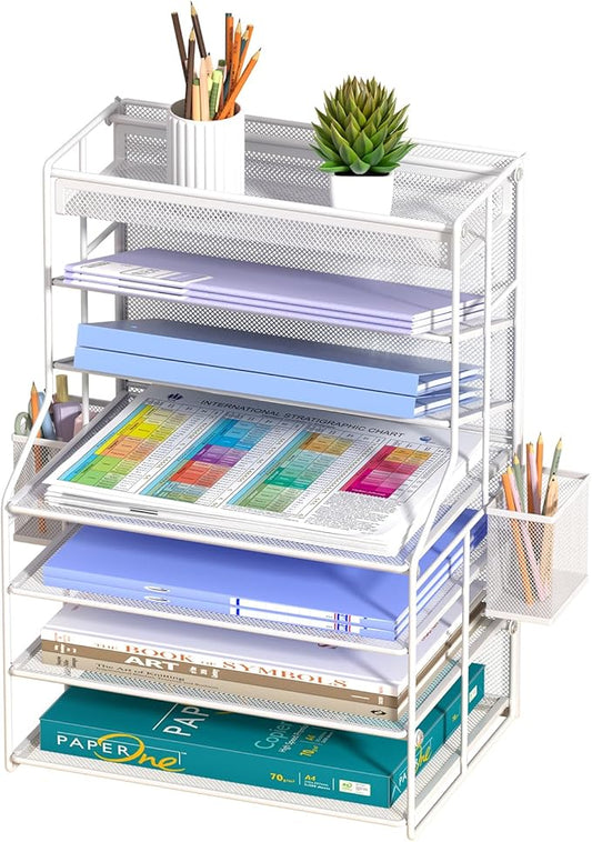 White 7 Tier Desk File Organizer, Metal Letter Tray Paper Organizer with Pull-Out Drawer, Removable Pen Holder & Hanging Basket, Vertical Desktop File Holder for Home Office, Classroom