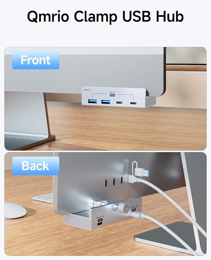 USB Hub 3.1, 10Gbps Clamp USB Hub with 2 USB-A Data Ports, 2 USB-C Port with Extra Power Supply Port (Silver)