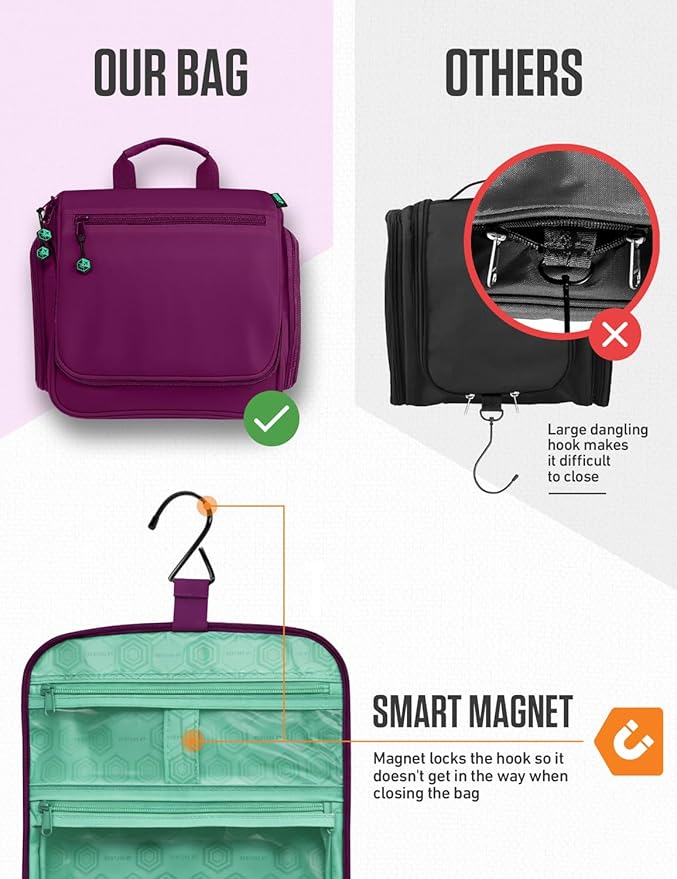 VENTURE 4TH Hanging Travel Toiletry Bag for Women & Men – Large Toiletry Organizer with 18 Compartments, Removable TSA Pouch, Travel Wash Bag for Toiletries, Makeup & Shaving Kit (Purple/Mint)