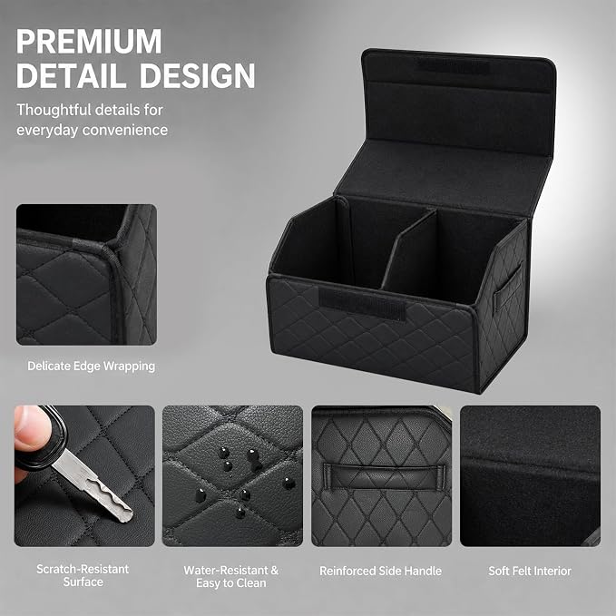 Leather Car Trunk Organizer with Lid,65L Foldable Storage Box for Universal Cars, SUVs, Sedans and MPVs, Removable Divider, Carry Handles, Black