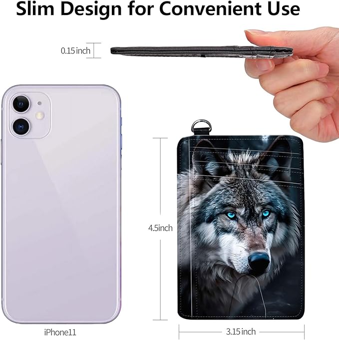 Slim RFID Blocking Card Holder Wallet with Wrist Strap - Minimalist Front Pocket Wallet, Wolf's Gaze Design, PU Leathe, for Men & Women, Ideal for Travel & Gifts