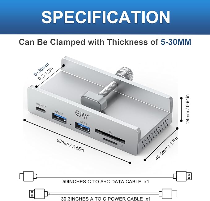 EJAY 5-in-1 Aluminum USB 3.0 Clamp Hub, Desk Edge Docking Station with SD/TF Card Reader, 5Gbps Port Expander with 59" Extra Long Cable for iMac, MacBook, Laptop, PC, Home Office, Silver