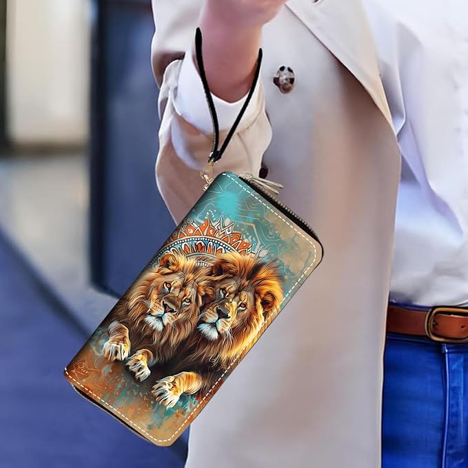 Women's Large Capacity Wallet PU Leather Double Zipper Clutch Purse Multifunctional Wallet with Removable Wristlet Strap for Smart Phone/Coin/Card/Cash - Lion