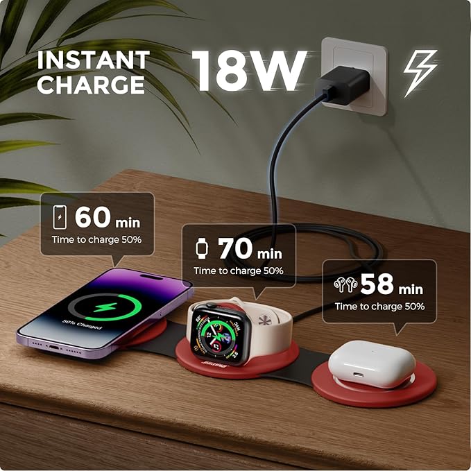 Hicober 3 in 1 Wireless Charging Station for Apple Watch and iPhone Air 17 16 15 14 13 12 Pro Max/Plus, Magnetic Foldable Wireless Travel Charger Station Stand for Airpods iWatch All Series Dark Red