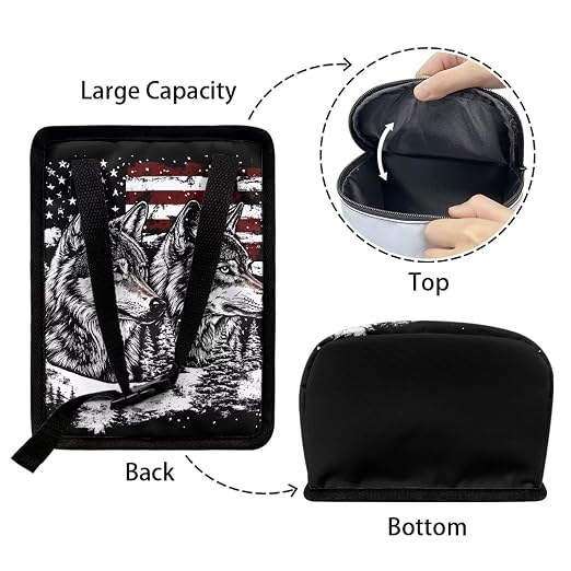 Talayituse Wolf American Flag Print Car Trash Bin, Large Size Auto Trash Can Adjustable Portable Garbage Can with Lid, Vehicle Hanging Bag for Headrest Front Back Seat