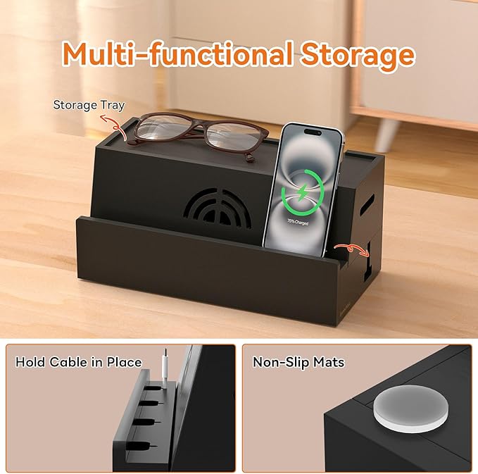 Bamboo Cable Management Box, Black, 31X14X15.5CM, Cable Organizer Box for Desk with Conceal Power Cords and Power Strips, Suitable for Living Rooms, bedrooms, Offices and More