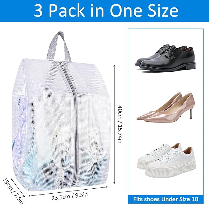 SelfTek Shoe Bags for Travel - 3 Pack 1 Size Double-Sided Zipper Shoe Bag for Men & Women, Waterproof Portable Shoe Storage Pouch with Handle, Family Travel Accessories - Medium Size