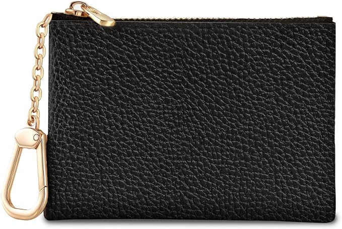 Black Keychain Coin Purse for Women, Small PU Leather Change Pouch, Zipper Little Tiny Travel Wallet for Girls, Cute Kawaii Zip Pocket Coin Holder with Key Ring