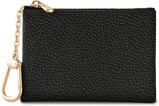 Black Keychain Coin Purse for Women, Small PU Leather Change Pouch, Zipper Little Tiny Travel Wallet for Girls, Cute Kawaii Zip Pocket Coin Holder with Key Ring