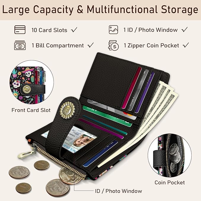 Kelvoris Skull Small Rfid Women Wallet Bifold Zipper Coin Pocket PU Leather Compact Cash Credit Card Holder Travel Wallet for Female Ladies Teen Girls 1 ID Window 10 Card Slots Day of The Dead