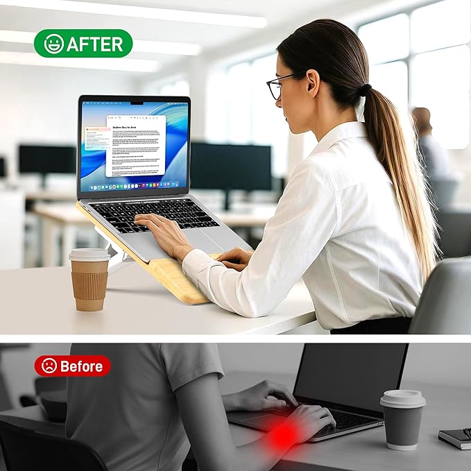 AFOOYO Adjustable Bamboo Laptop Stand,Portable Computer Riser,Ergonomic Notebook Mount with Wrist Rest,Compatible with 9.8-15'' All Laptops,MacBook Air Pro/HP/Dell/Lenovo,Bamboo