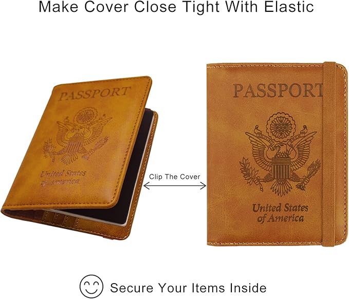 WALNEW Passport Holder for Travel, RFID Passport Cover Wallet for Women Men, PU Leather Passport Book Card Holder Case with Pen (Elastic Band Closure, AA-Brown+Blue)