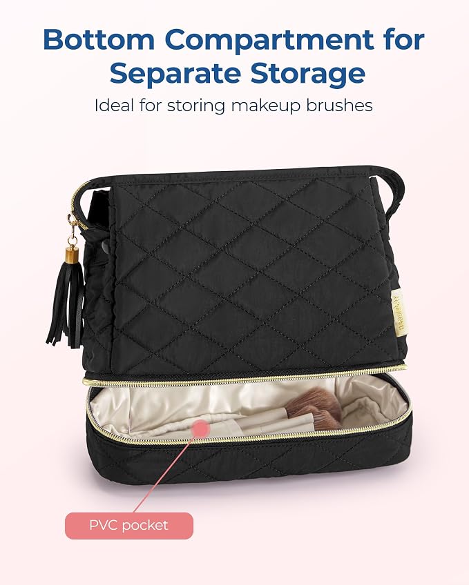 BAGSMART Makeup Bag Travel Cosmetic Bag,Puffy Make Up Bags for Women Double Layer Makeup Organizer Case,Wide-open Puffer Pouch for Purse Storage Travel Essentials Toiletries Accessories Brushes, Black