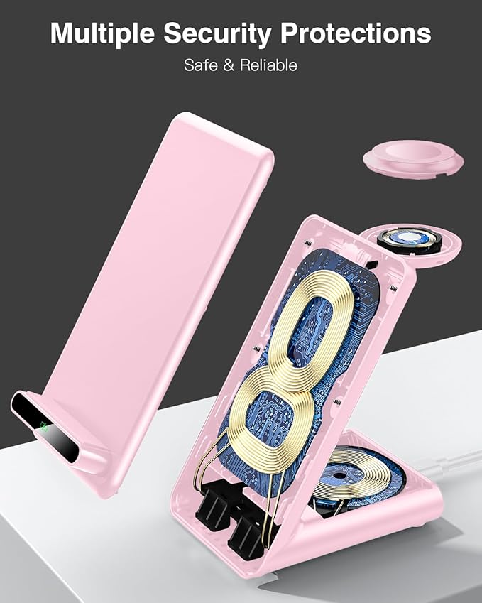 Wireless Charging Station,3 in 1 Charging Stand Made for Apple Watch Ultra 10 9 8 7 6 SE 5 4 3,Fast Wireless Charger Made for iPhone 16/15/14/13/12/11/X,for AirPods Pro(with Adapter) (Pink)