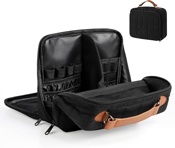 MOKURA Quilted Makeup Bag, Travel Large Capacity Cosmetic Bag with Jewelry Organizer, Standing Portable Make up Pouch, Waterproof Toiletry Case, Gifts for Women, Black