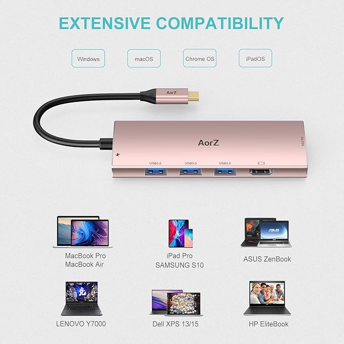 USB C Hub, USB Hub to HDMI Multiport AorZ USB C Dongle Adapter 7 in 1 with HDMI Output,3 USB 3.0 Ports,SD/Micro SD Port,PD Charging Port USB C HUB (Pink)