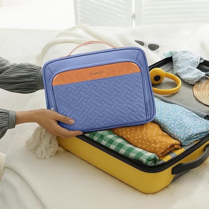 COOSKY Travel Hanging Toiletry Bag for Women, Cruise Ship Essentials, with Jewelry Organizer, Extra Large Makeup Dopp Kit, Waterproof Cosmetic Bags, Toiletries Kit Set with Trolley Belt, Blue
