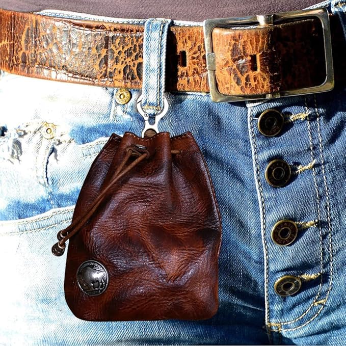 1 Pcs Leather Mini Medieval Pouch Keychain, Coin Organizer, Change Holder, Leather Drawstring Pouch for Men & Women