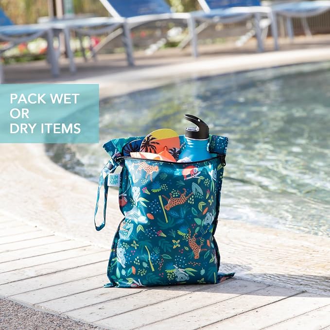 Bumkins - Waterproof Wet Bag & Clear Travel Bags - For Beach, Baby, Travel, Swim Suit, Cloth Diapers, Pump Parts, Pool, Gym, Toiletries - Reusable & Easy to Clean - Jungle - 4 Pack