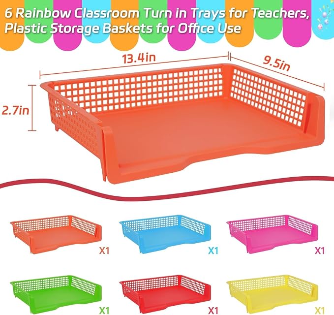 ZZYFGH 6 Pack Turn in Trays Classroom, Colorful Turn in Trays for Teachers, Plastic Classroom Paper Organizers, Stackable Tray for Classroom, Library, Drawers, Office Desk(13.4 * 9.5 * 2.7in)