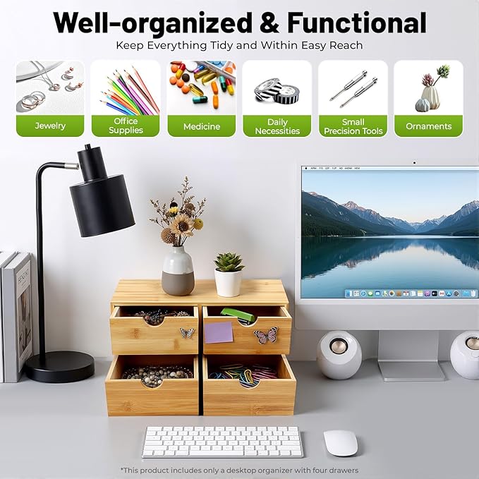 Desk Organizer 4 Drawers Tabletop Storage Organization Box, No Assembly Needed for Home Office Storage, 12.99 * 7.48 * 6.3in (2 above & 2 below)