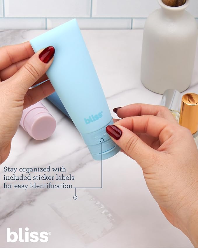 Bliss Travel Bottles Set - 4/7/10 Piece TSA Approved Leak-Free Refillable Travel Size Toiletries Containers for Skincare, Lotion, Shampoo, and Conditioner, 4pc Silicon Multicolor