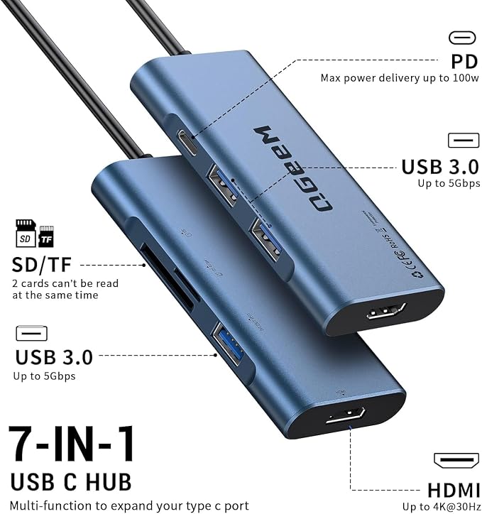 USB C Hub, QGeeM USB 4k to HDMI Adapter, 7 in 1 USB-C Dongle with 100W PD,USB 3.0, Card Reader, Compatible for MacBook iPhone 15/17 Ipad Pro max,Chromebook Laptop USB Type C Dock-Blue